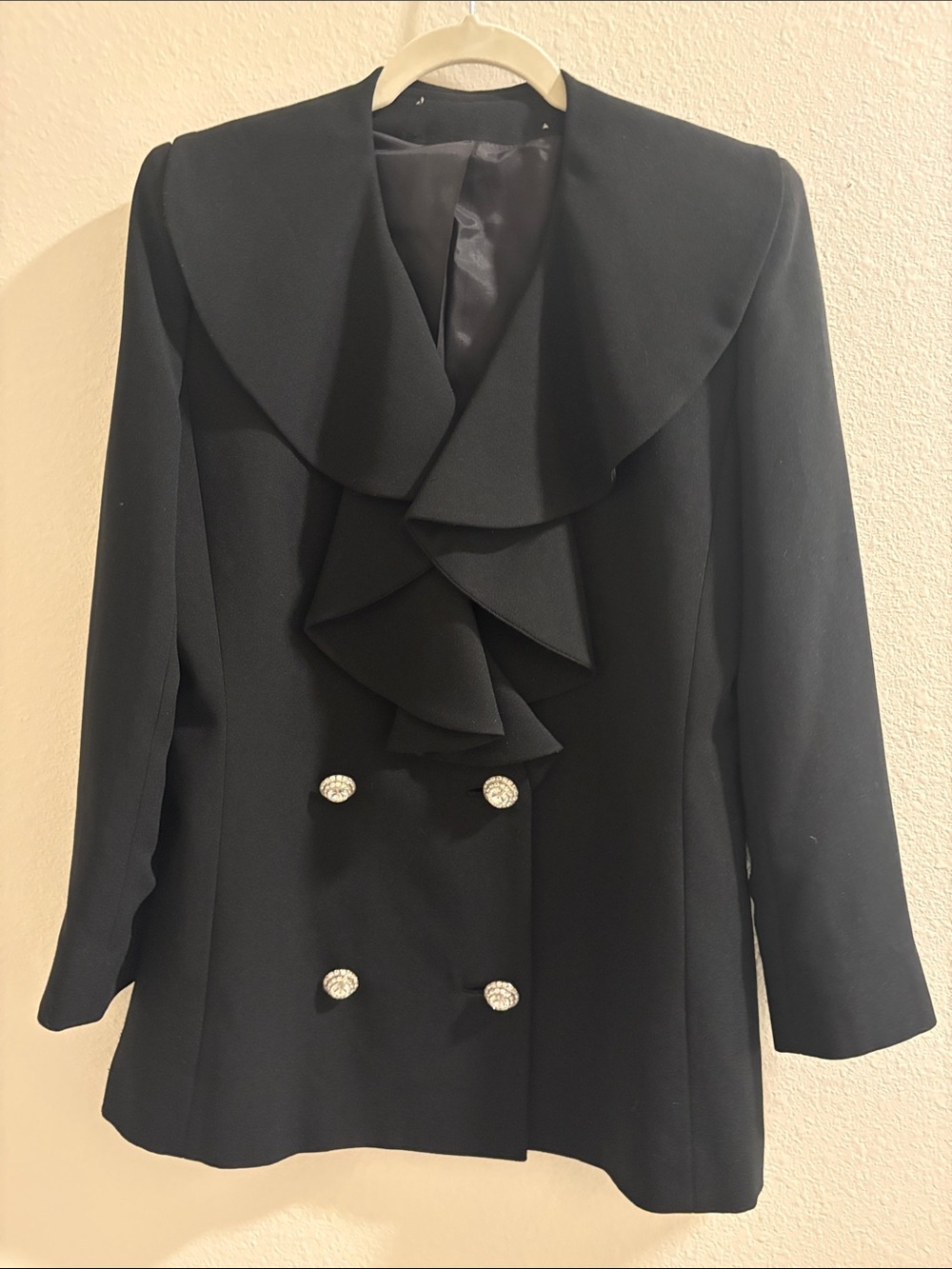 Vintage Black Double-Breasted Ruffle Lapel Blazer with Rhinestone Buttons